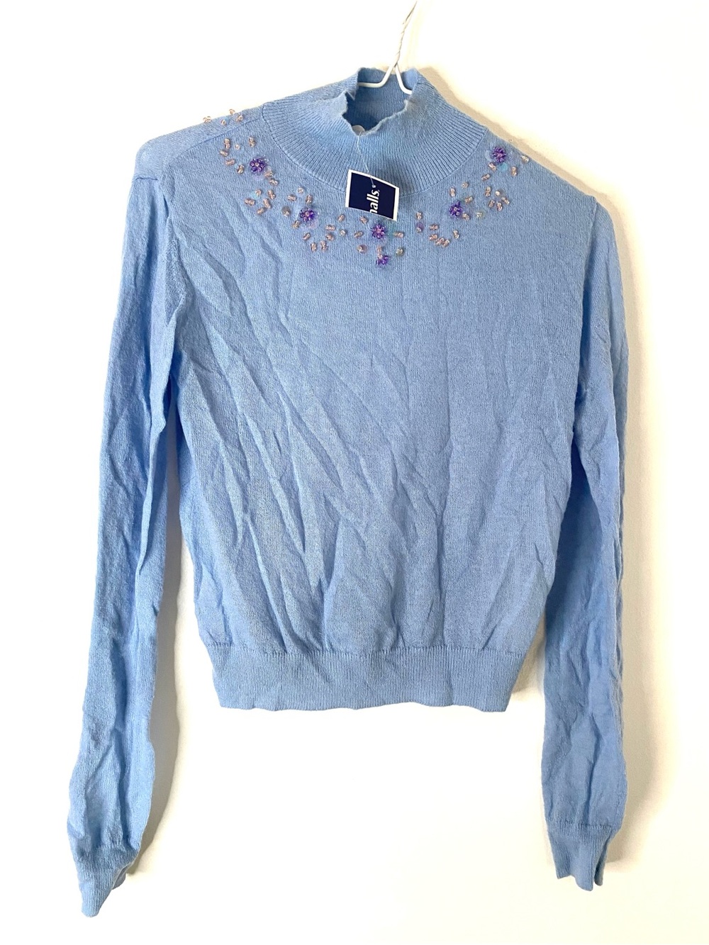Zara NWT Blue Floral Beaded Embellished Mock Neck Knit Sweater